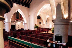 Spot lights and flood lights illuminate the interior of St-Peters Church